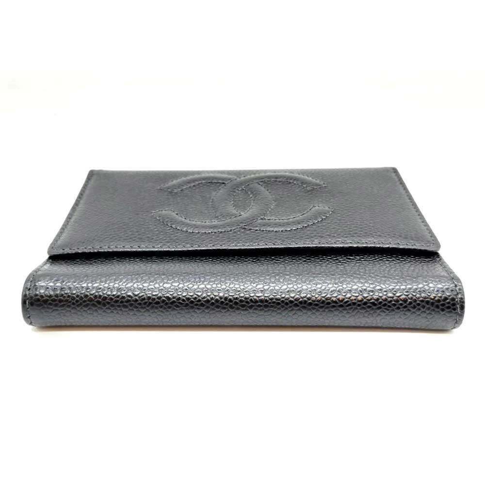 Chanel Tri-fold Wallet Black Coco Mark Folding Women's Caviar Skin Leather CH... - Picture 3 of 6